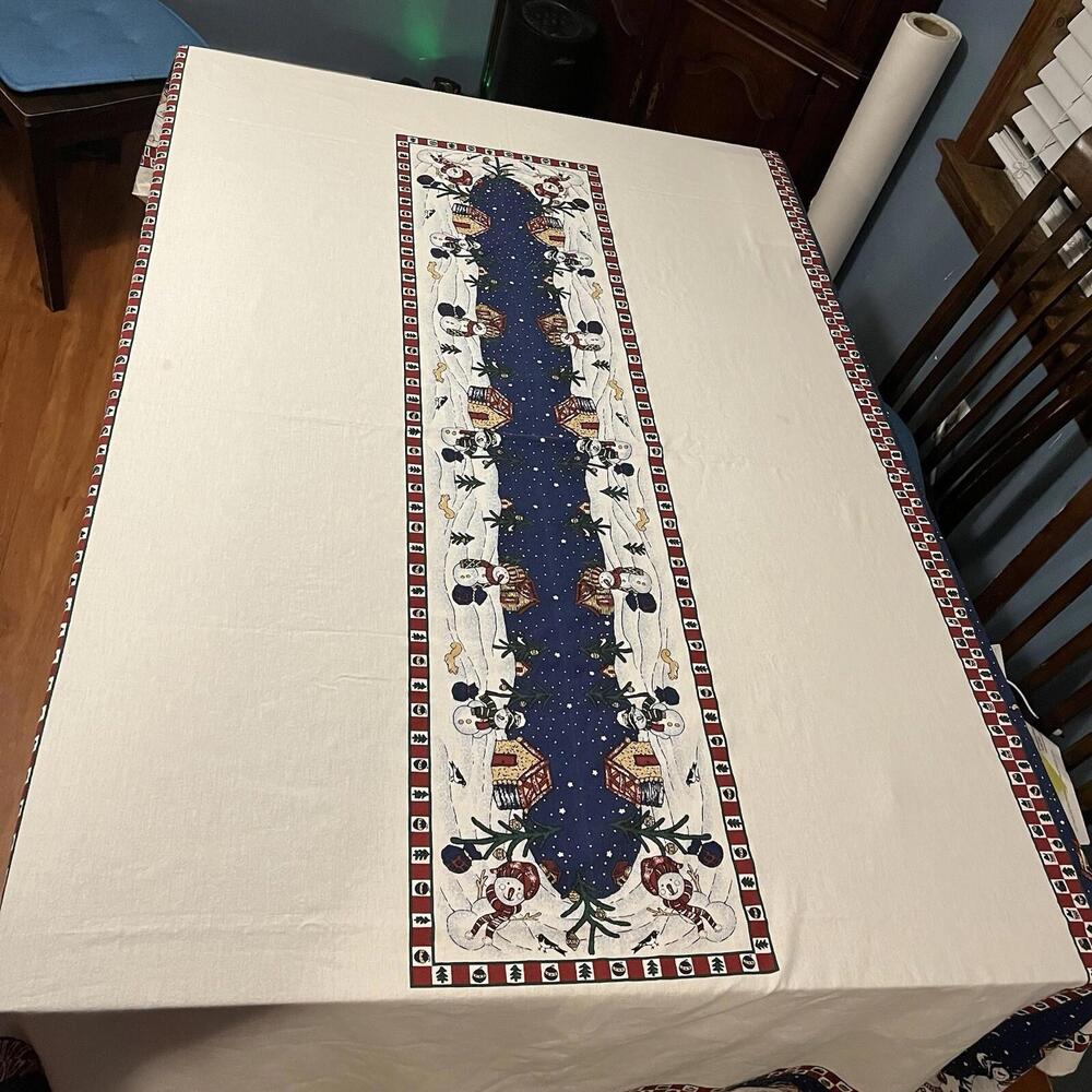 Vintage Terrisol‎ Tablecloth Snow Town Holiday Christmas 60” X 98” Snowmen